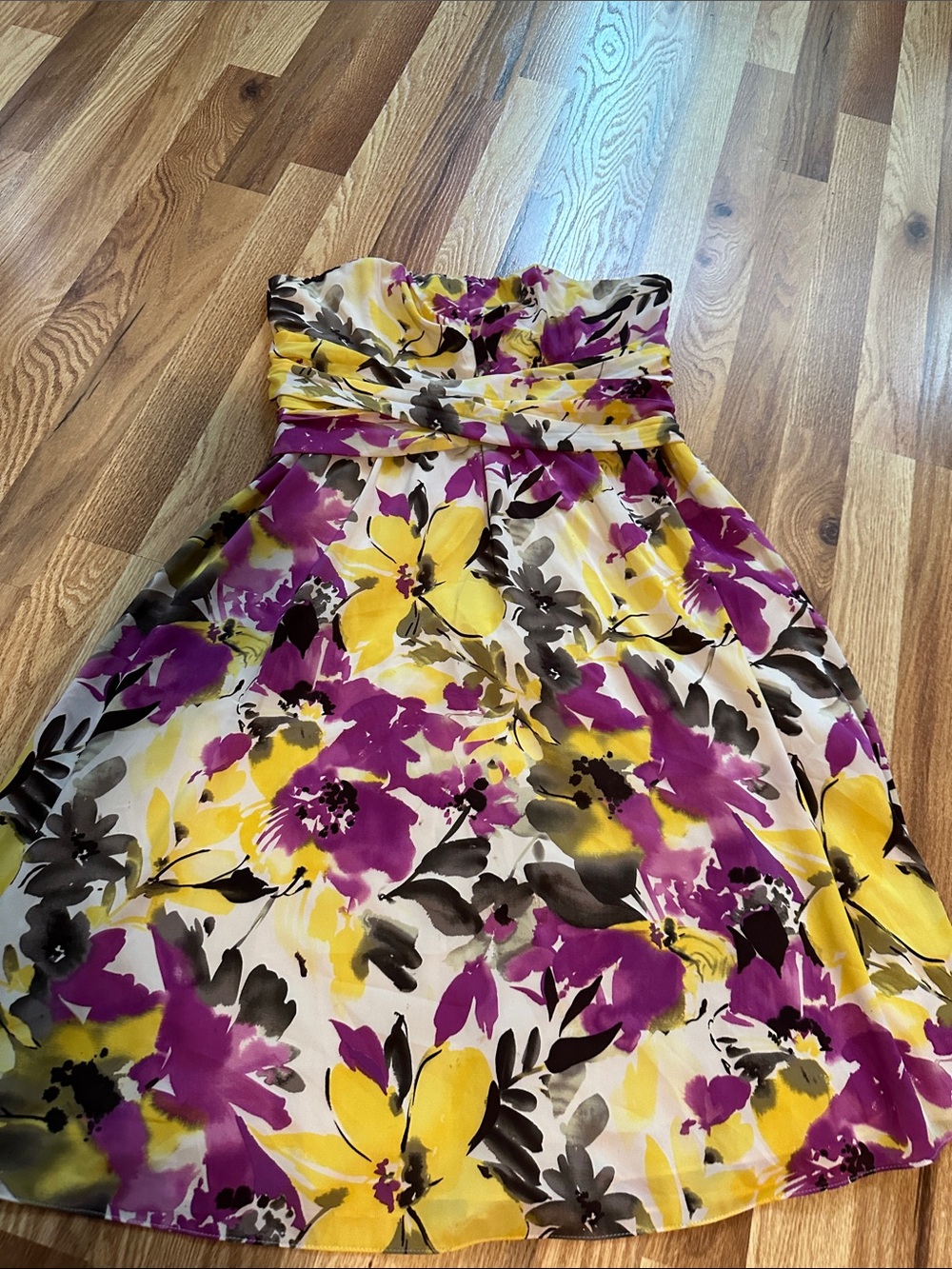 The Limited Strapless Floral Dress in Yellow, Purple & Black
